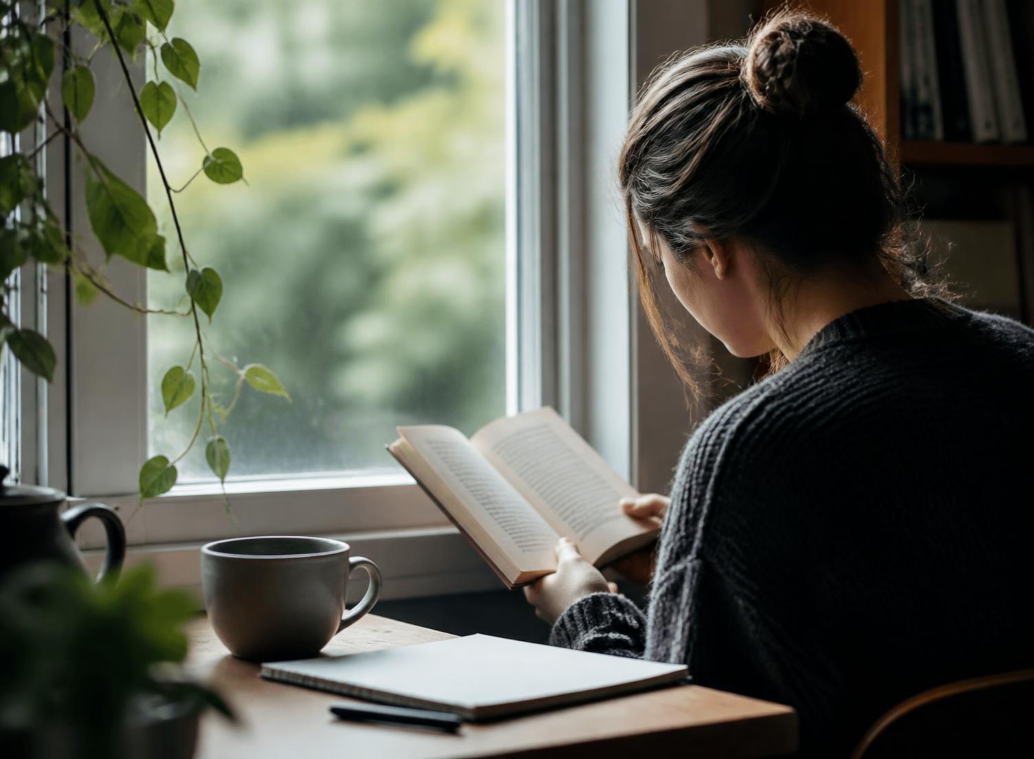 Someone reading quietly by a window in the late afternoon