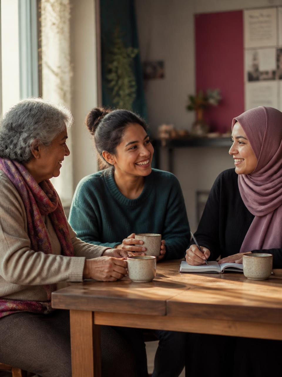 Three women of different ages sitting together over tea and a notebook in a bright community room