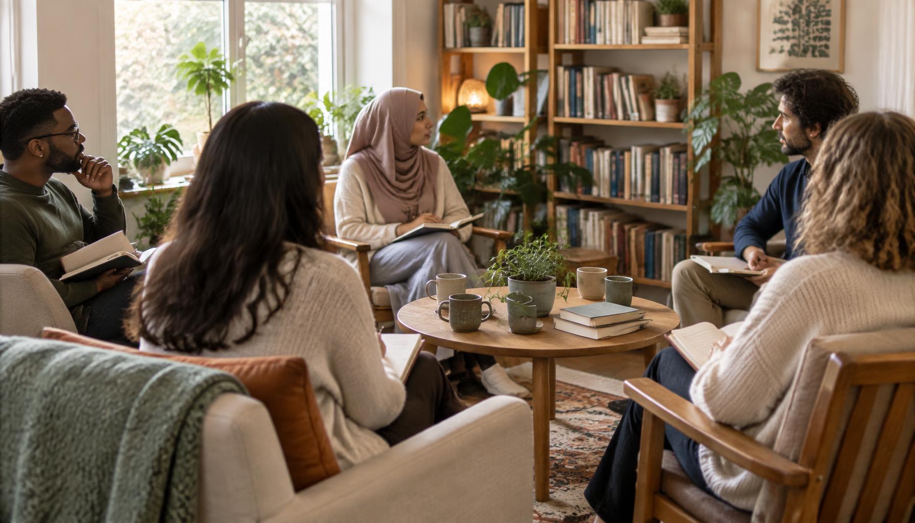 A small group of adults seated together in a bright, calm room with journals and tea, listening and reflecting in a learning circle